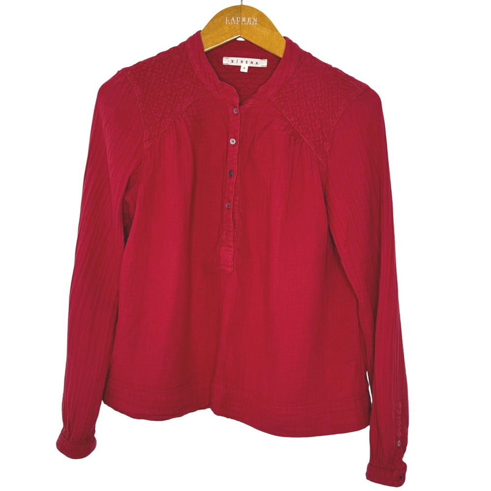 Xirena Gauzy Cotton Long Sleeve Henley Front Top‎ Red Small